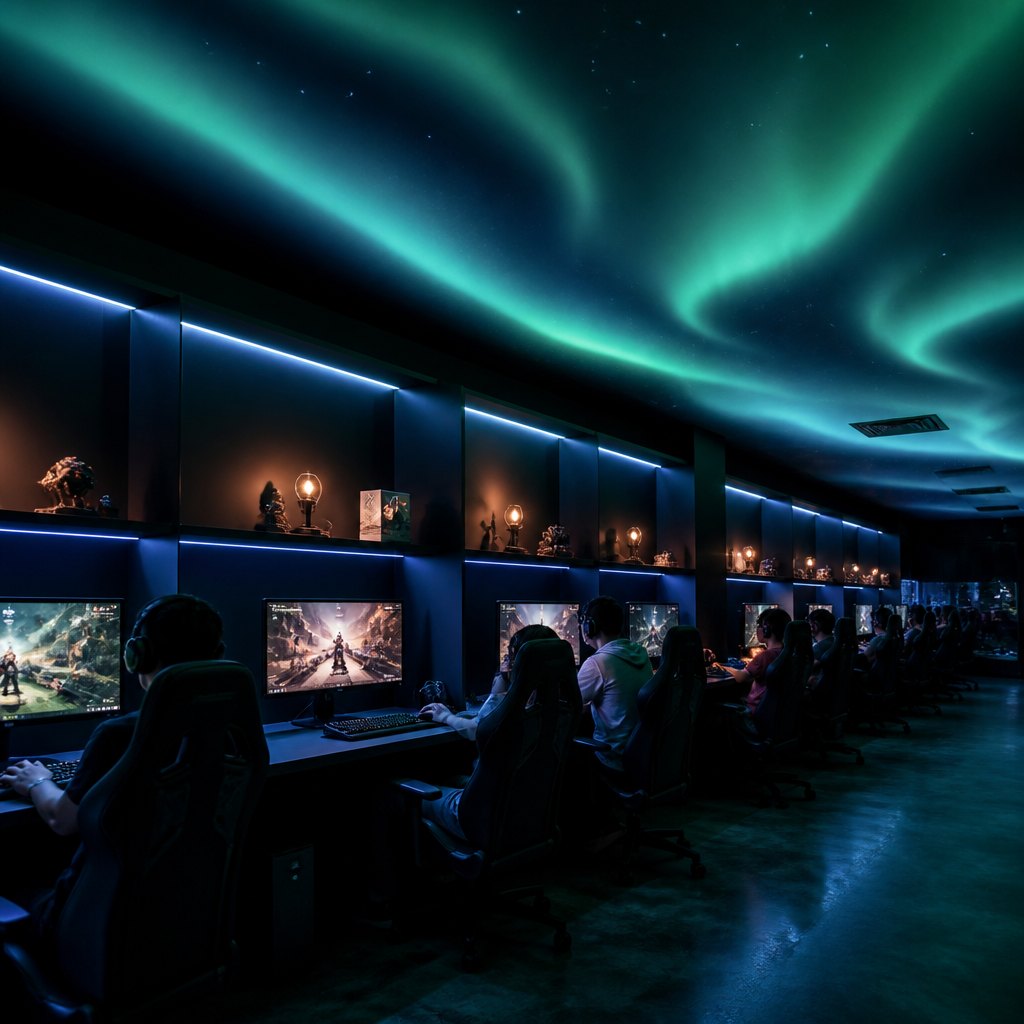 Rows of gaming stations lit by soft green light in the North rows hall