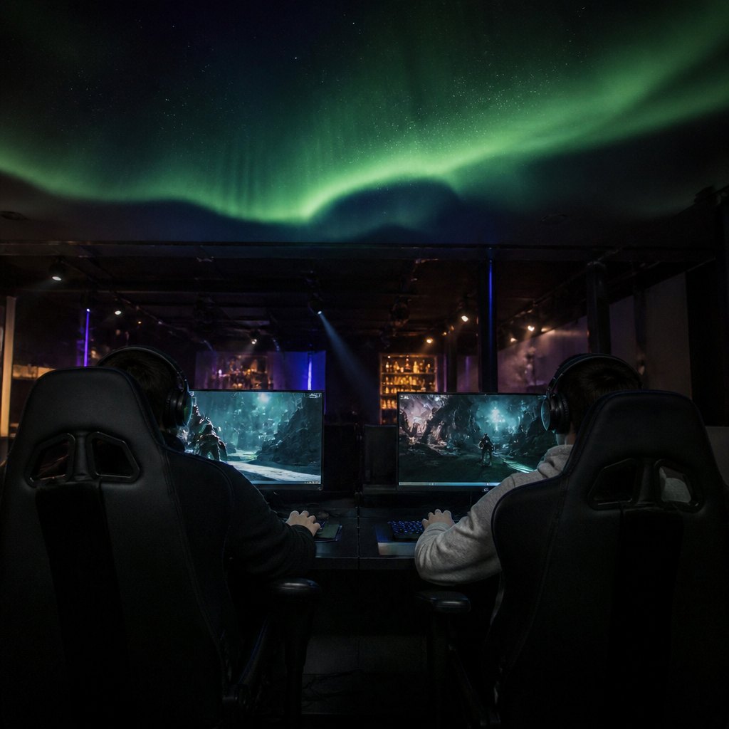 Two paired gaming seats at a shared desk angled toward the aurora ceiling