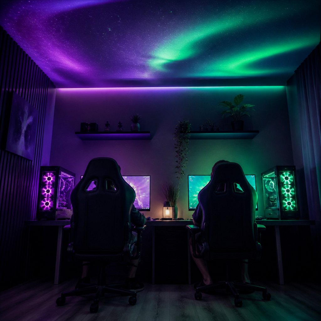 Close view of a single station keyboard and monitor lit in violet light