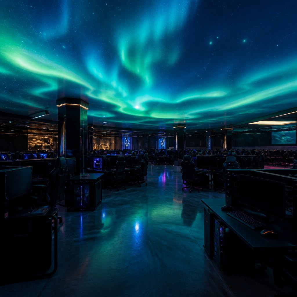 Wide hall view with an aurora ribbon running along the dark upper wall
